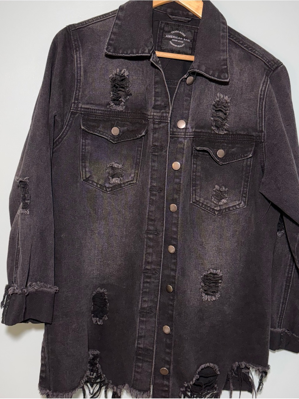 American Bazi Distressed Black Denim Jacket/shacket
